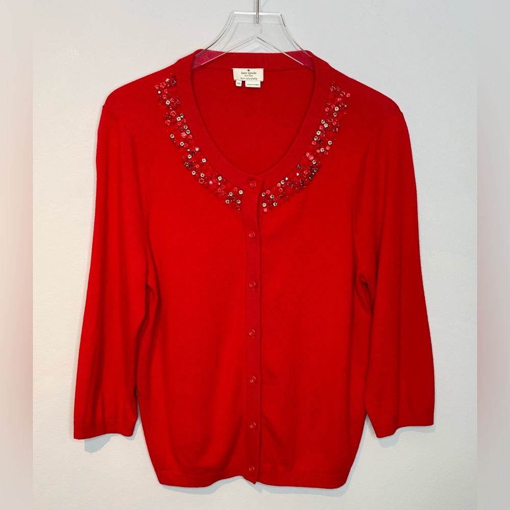 Kate Spade Caroline Vibrant Red Rhinestone Trim Wool Blend Cardigan Sweater Top - Picture 2 of 12